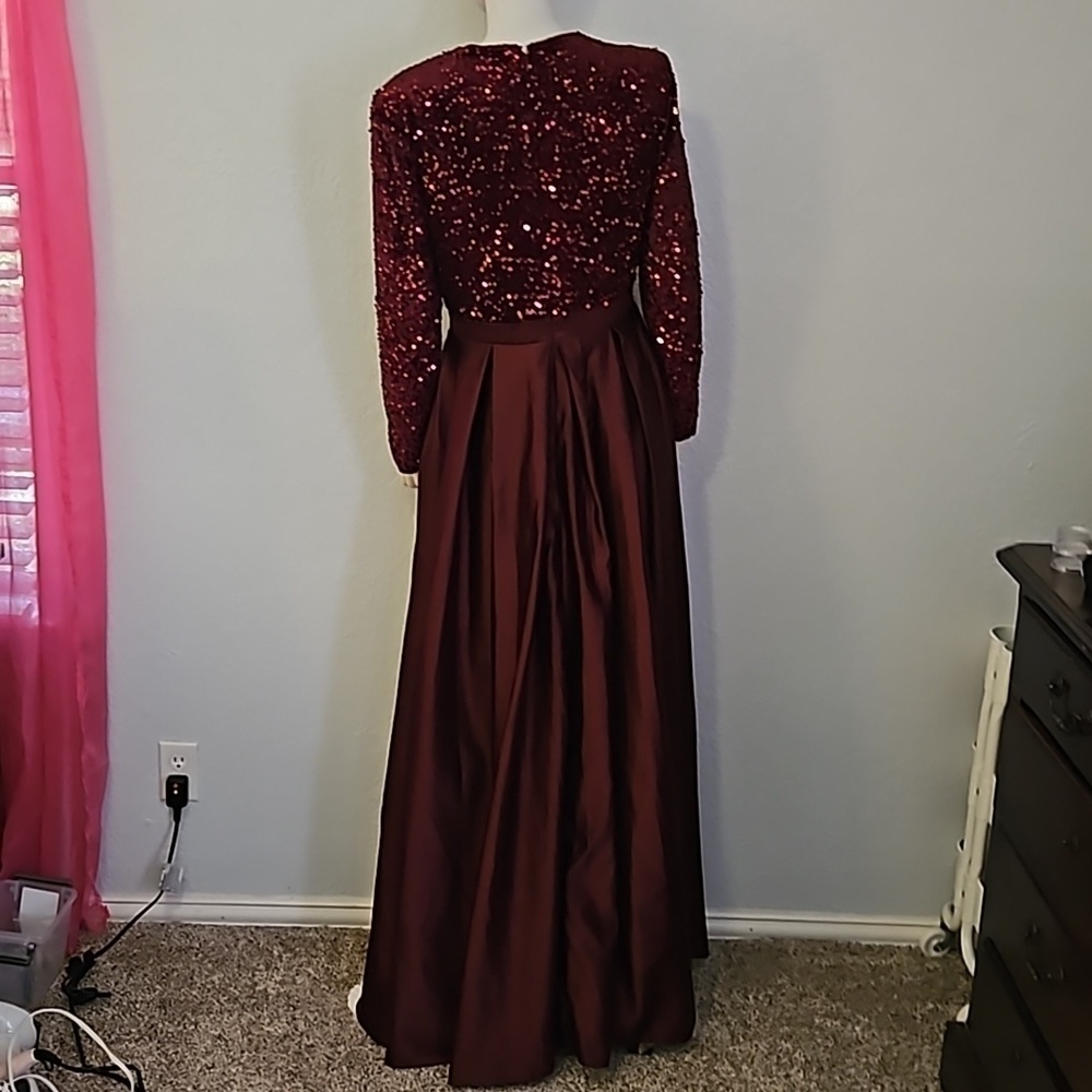 TS Couture Purple Satin Velvet Sequin Deep V Long Sleeve Formal Ball Gown - Picture 4 of 8